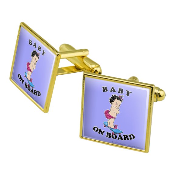 Baby On Skate Board Funny Humor Square Cufflink Set - Silver or Gold