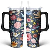 Colorful Vintage Flowers 30 Oz Tumbler with Handle Lid and Straw, Stainless Steel Double Walled Vacuum Insulated Cup, Cute Birthday Gifts Tumbler for Women Men Friends