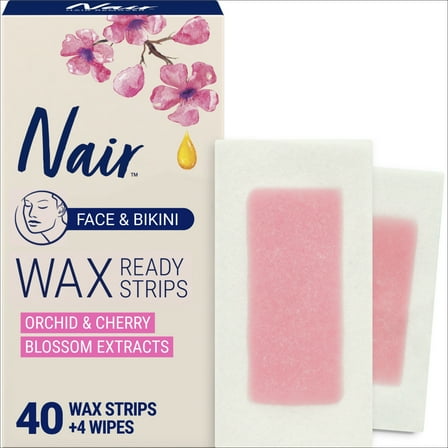 Nair Wax Ready Strips, Face and Bikini Hair Removal Wax Strips, Plus 4 Post Wipes, 40 Count