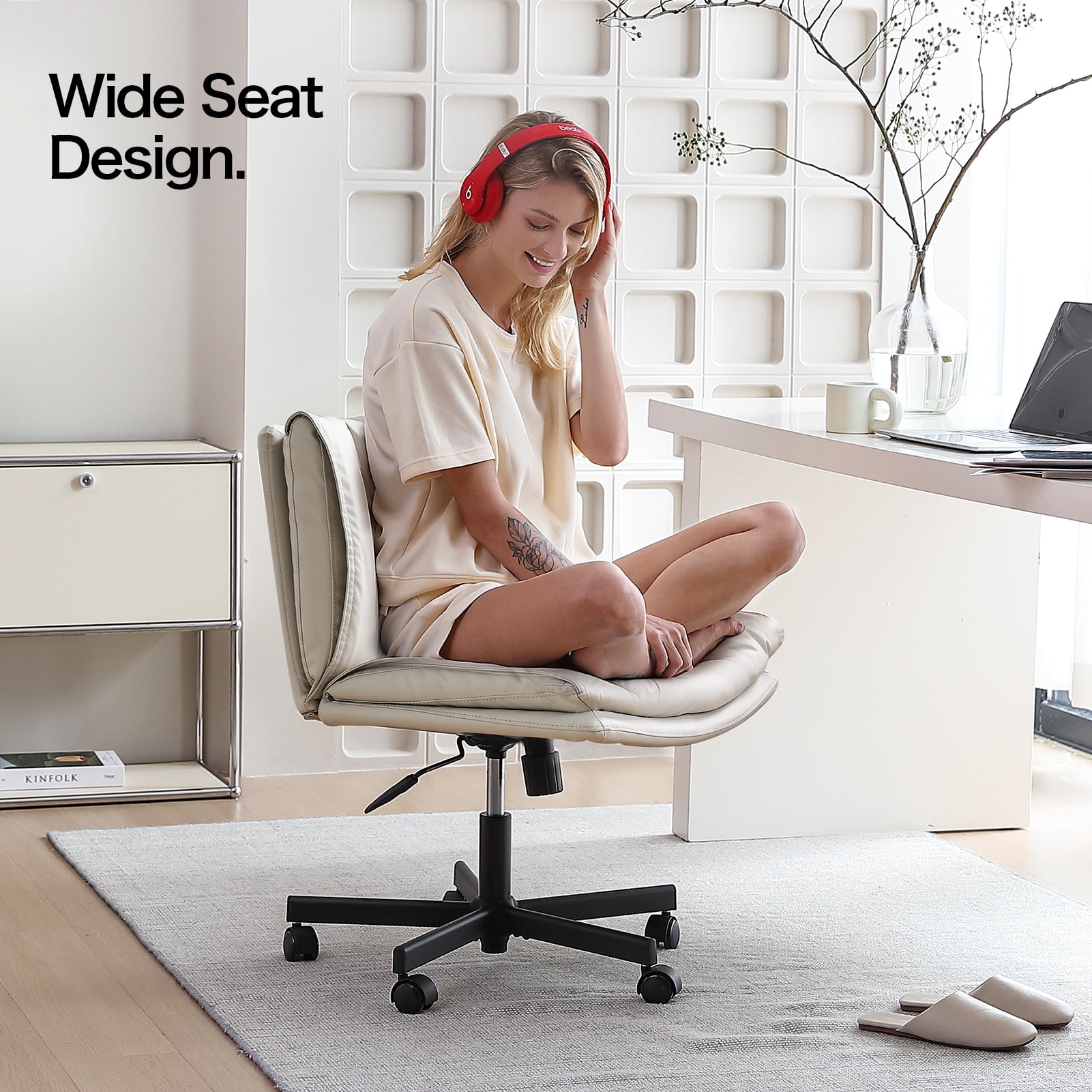 LEAGOO Criss Cross Chair with Wheels, Armless Cross Legged Office Chair, Comfy PU-Leather Desk Chair, Modern Swivel Height Adjustable Computer Task Chair, Wide Seat Cute Chair for Home Office(Beige)