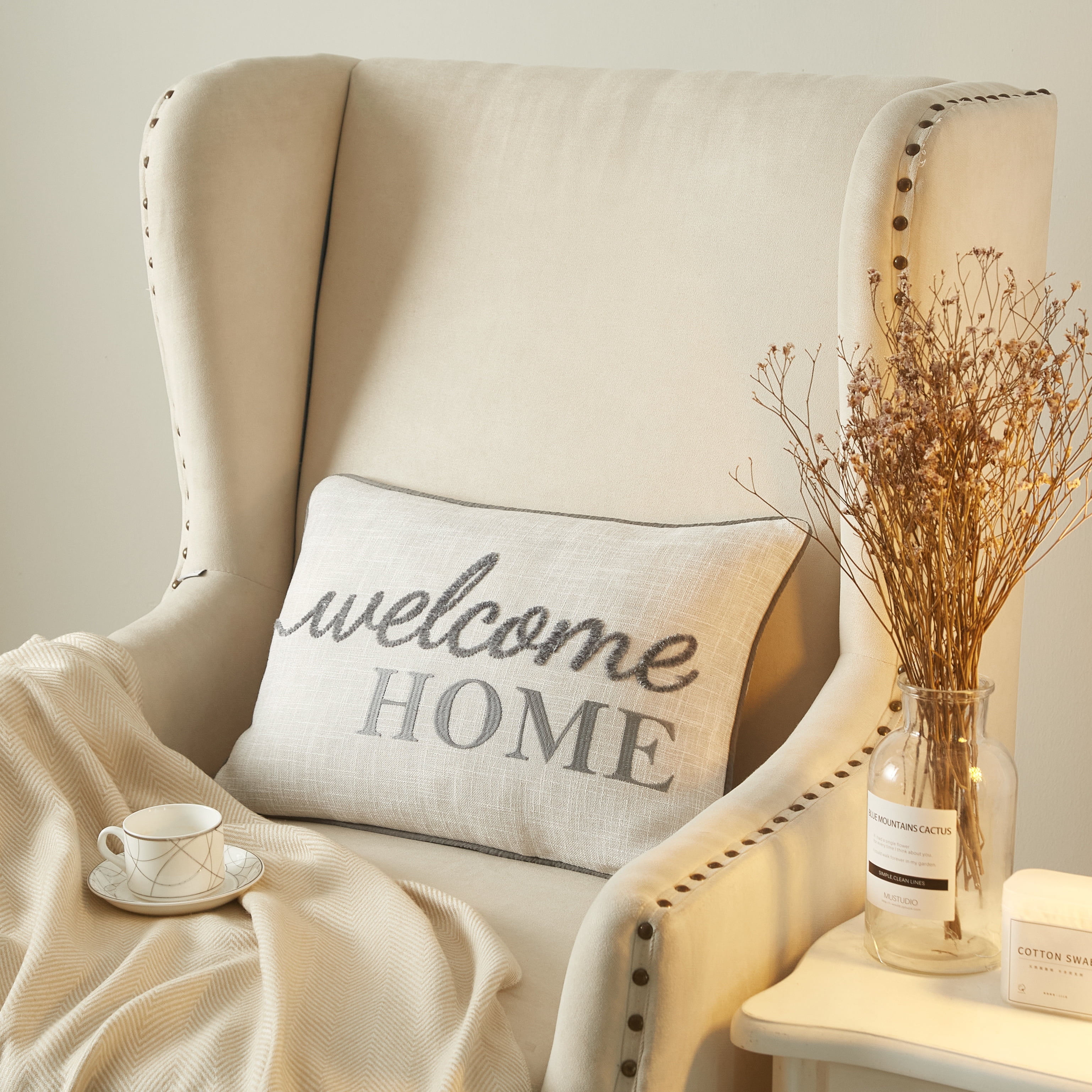 (2 pack) Mainstays Welcome Home Faux Linen Embroidered Decorative Pillow For Adults, Gray, 14 x 20