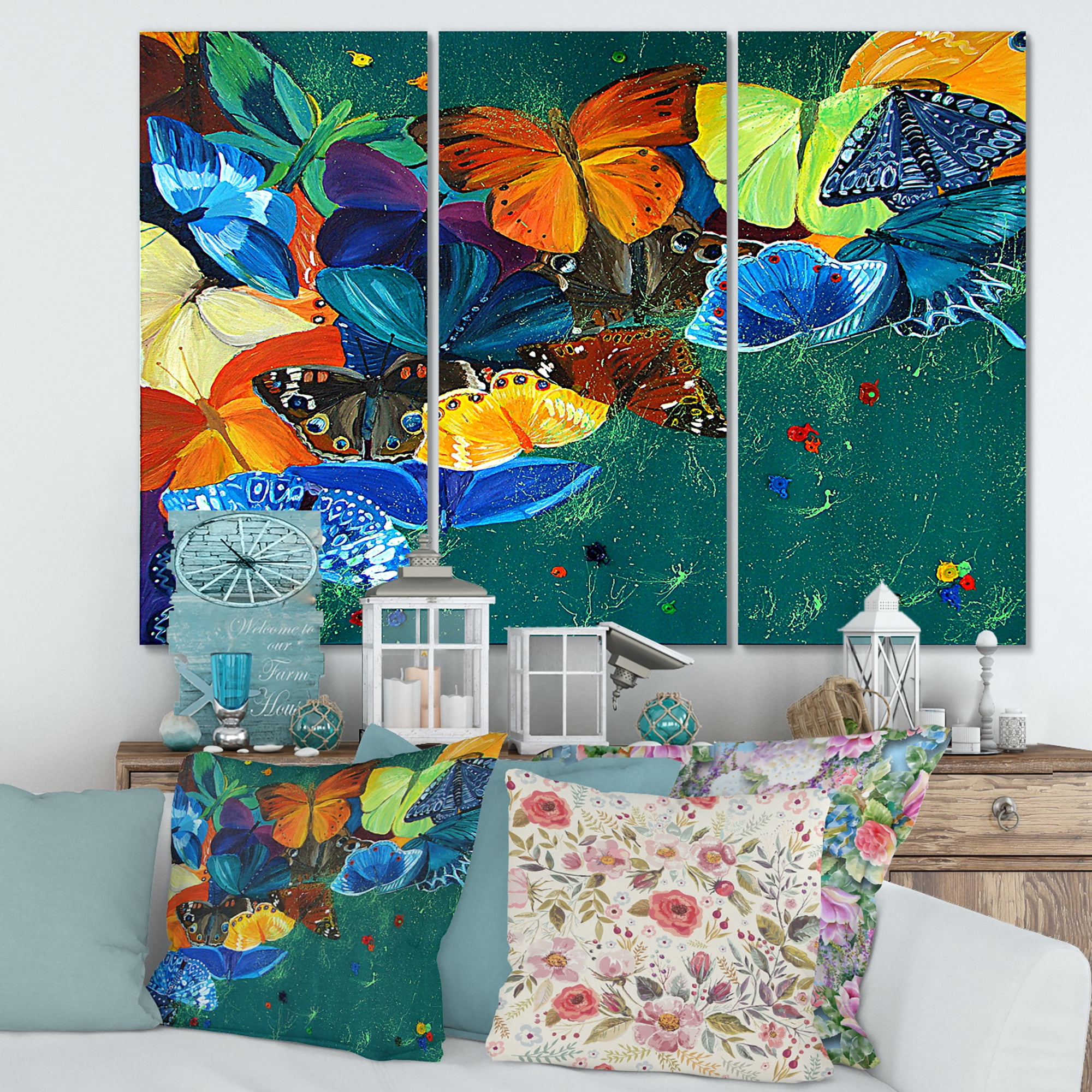 Designart ' Abstract Colour Butterflies On A Gree ' Modern Canvas Wall Art Print