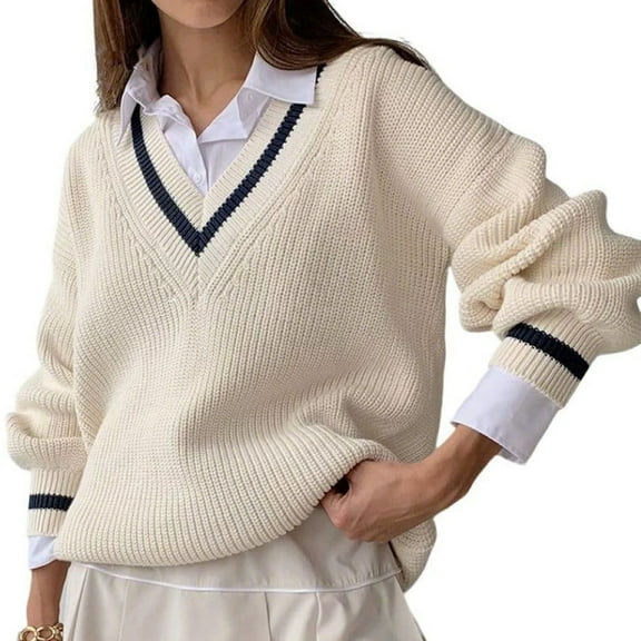 Women V Neck Sweaters Long Sleeve Light-Weight Knit Pullover Tops White XXL