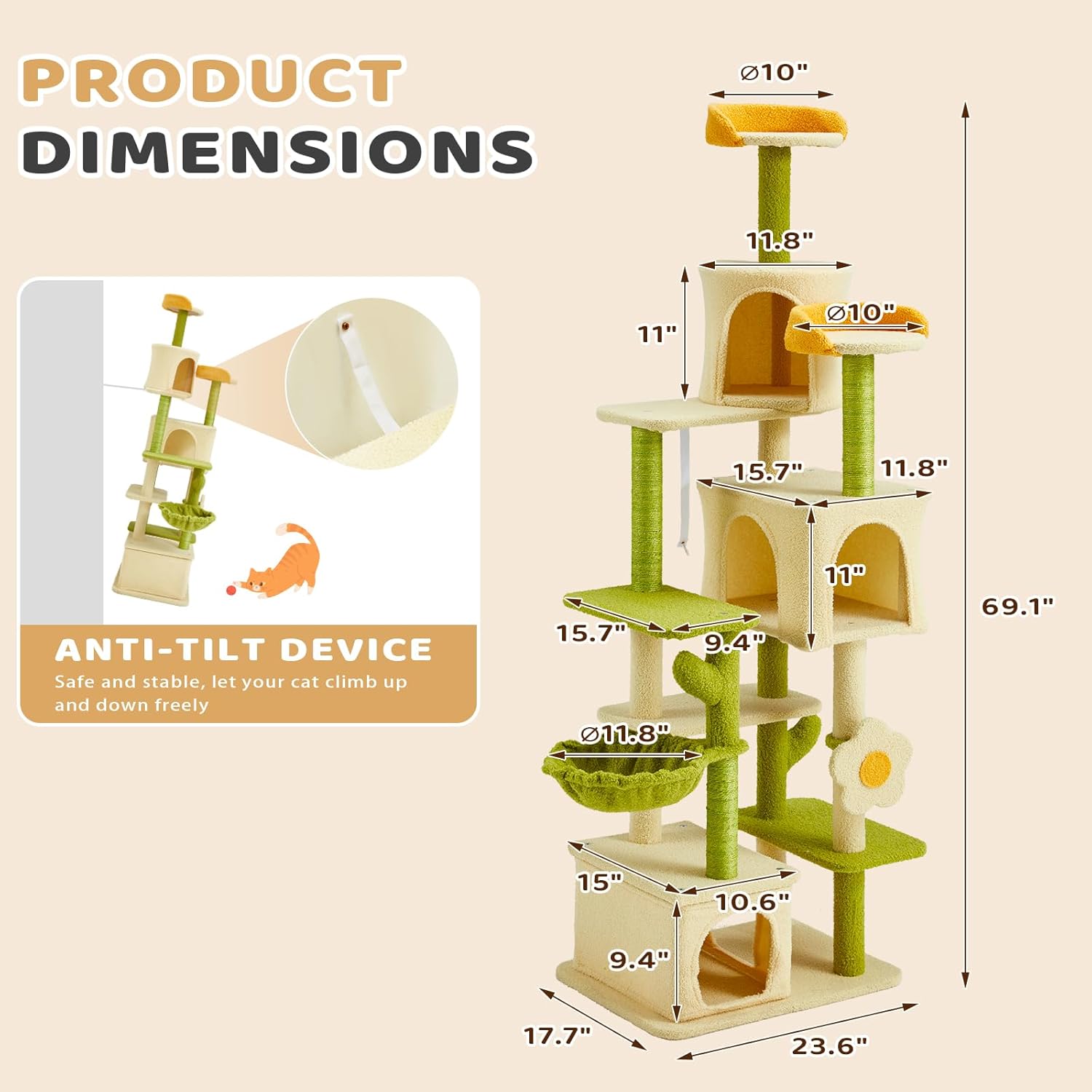 Flower Cat Tree, 69.1 Inches Cat Tower for Indoor Kitties Large Adult, Multi-Level Kitty Tower with Scratching Post, Condos, Top Perches, Furniture for Pet Activity Center