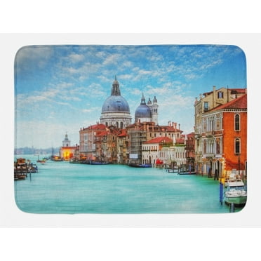 Italy Bath Mat, Grand Canal and Basilica Santa Maria della Salute Historical Architecture, Non-Slip Plush Mat Bathroom Kitchen Laundry Room Decor, 29.5 X 17.5 Inches, Blue Turquoise Orange, Ambesonne