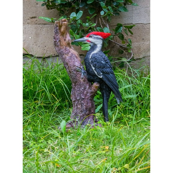 Hi-Line Gifts Pileated Woodpecker on Trunk Outdoor Garden Statue - 15.5" - Black and Brown