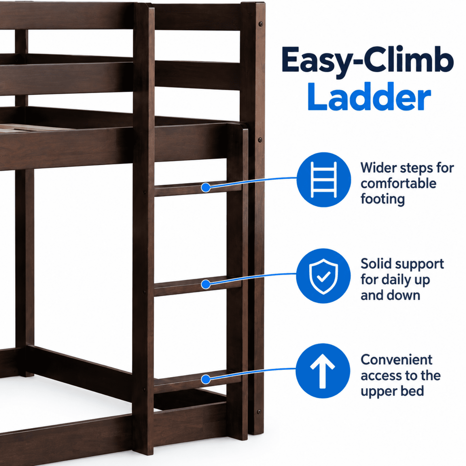 Miniyam Wood Twin over Twin Floor Bunk Bed with Ladder and Guardrails, Espresso