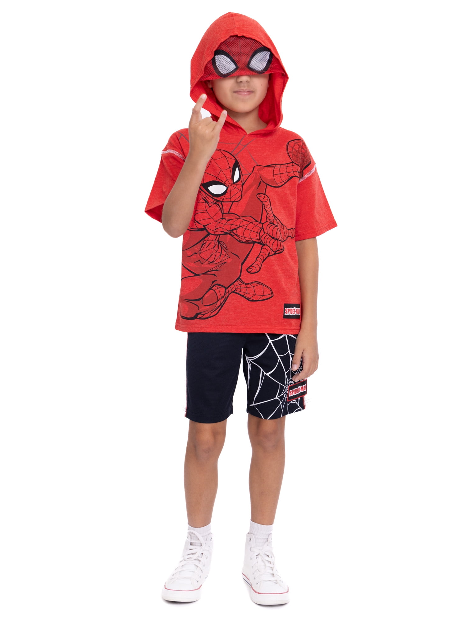Spider-Man Boys Hooded Cosplay Tee and Shorts, 2 Piece Outfit Set, Sizes 4-10