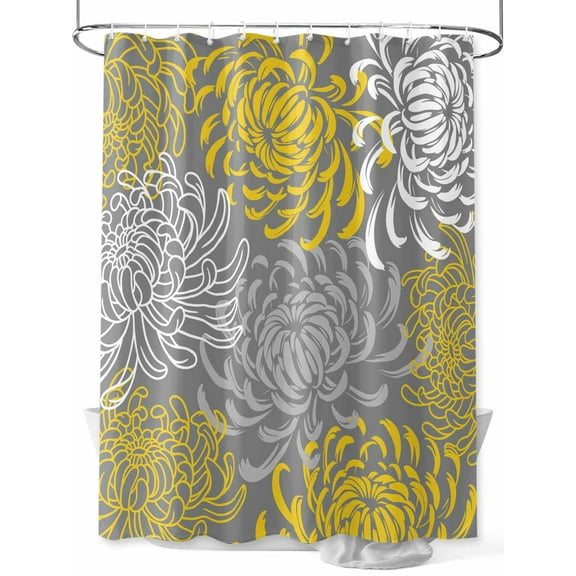 Yellow Gray Floral Shower Curtain, Abstract Flowers Pattern Bathroom Decor Curtains Set with Hooks, Waterproof Fabric Home Accessories， 60 X 72 Inch Long