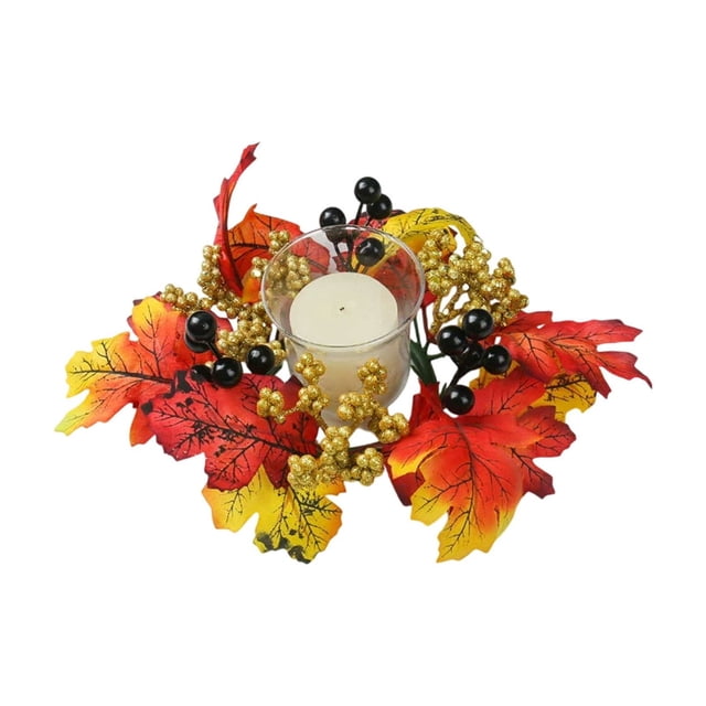 SLYNSHome Halloween Candle Rings Artificial Maple Leaf Mini Wreath Candle Holder Fall Autumns Thanksgiving Party Decoration