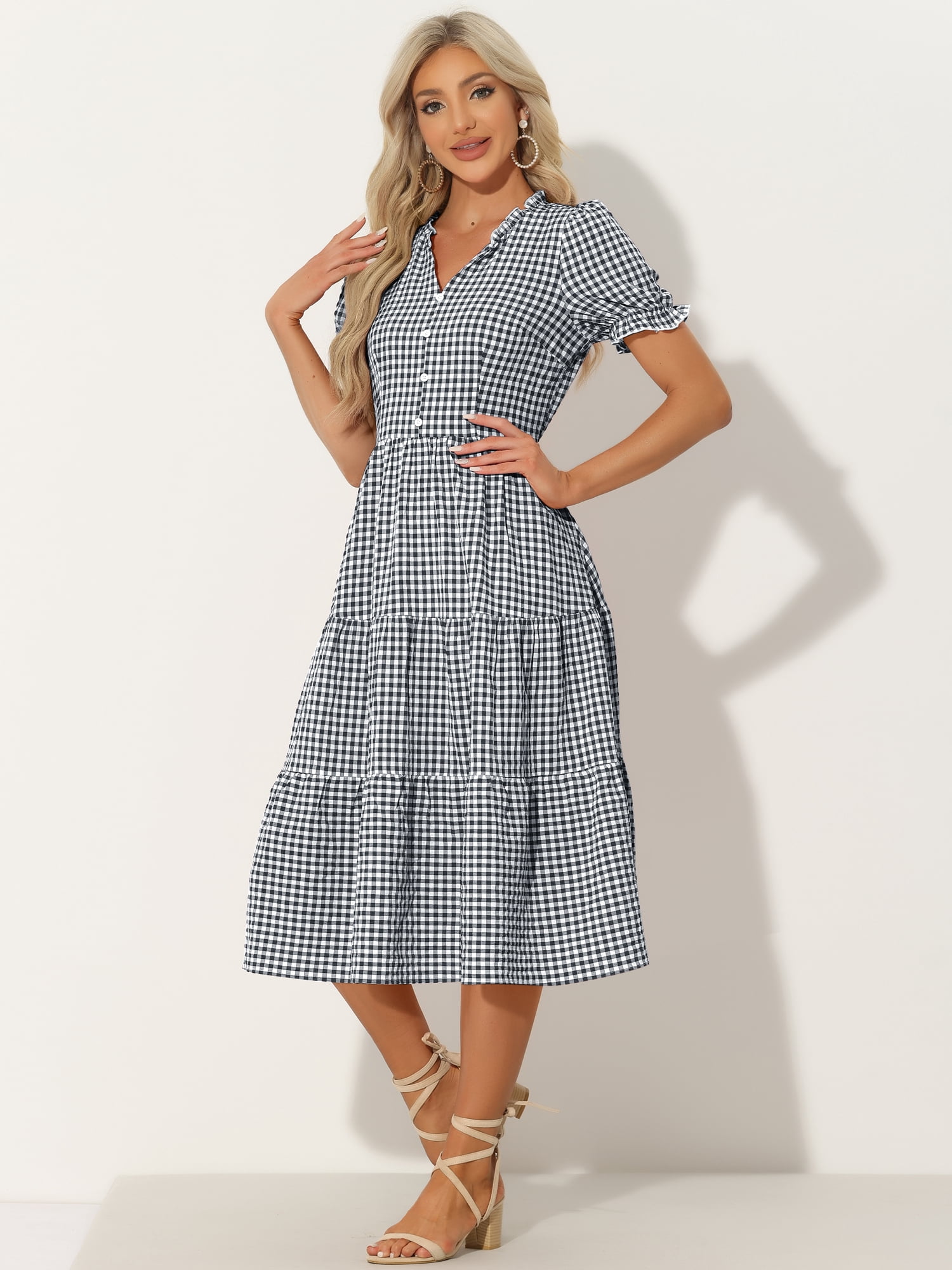 DARING DIVA Women's Gingham Summer Ruffle Trim V Neck Button Decor Dresses XS Black