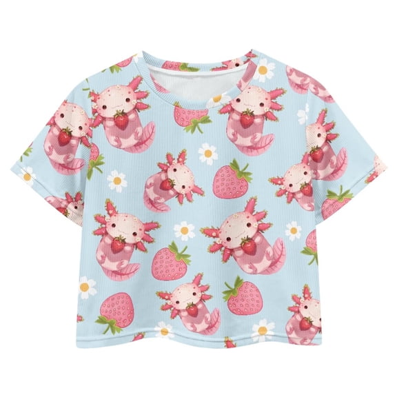 Uourmeti Girls Axolotl Short Sleeve Casual Crop Crew Neck T-Shirt Strawberry Soft Loose Athletic Top Lightweight Pullover Tops Size 8-10