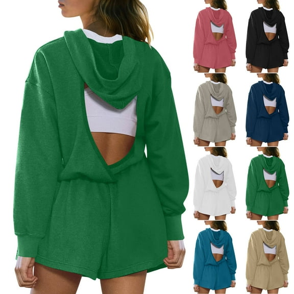 qolati Rompers for Women Summer Fall Casaul Long Sleeve Open Back Hoodies Jumpsuits Athletic Workout Hot Shorts Tees Tracksuits