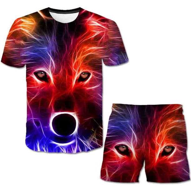 Verano niños Lobo camisetas pantalones cortos trajes niños niñas dibujos animados manga corta Tops + cintura elástica pantalones 2 uds ropa Outfits13T Gao Jinjia LED