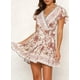 thumbnail image 2 of Mini vestido de playa con volantes y estampado floral bohemio con cuello en V para mujer Adepaton WRQX-19-4, 2 of 7