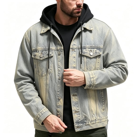 WRFWUL Mens Hooded Denim Jacket Faux Two Piece Long Sleeve Button Down Jean Coat Washed Trucker Coat