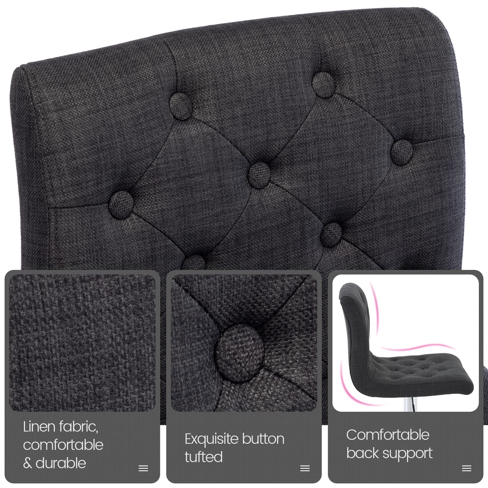 Modern Upholstered Bar Stool with Back Set of 2, Armless 360° Swivel Adjustable Height Linen Padded Bar Chair for Kitchen Island, Dining Room, or Café (Black)