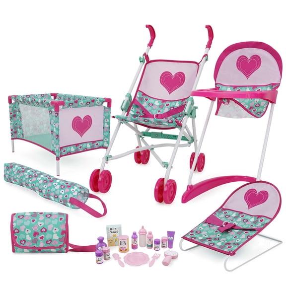 509 Crew: Mint Heart - Bouncer Doll Play Set - Pink & Green, Furniture & Care Set, Umbrella Stroller-Highchair-Play Pen-Purse-Toy Accessories, Kids 3 