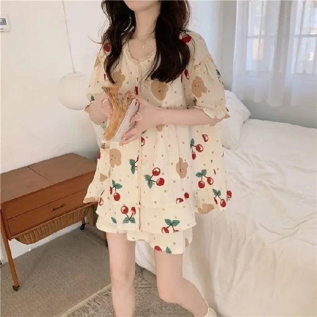 Pijamas de mujer de verano estilo coreano con estampado de oso, pantalones cortos de manga corta, conjunto de dos piezas, ropa holgada para el hogar para estudiantes