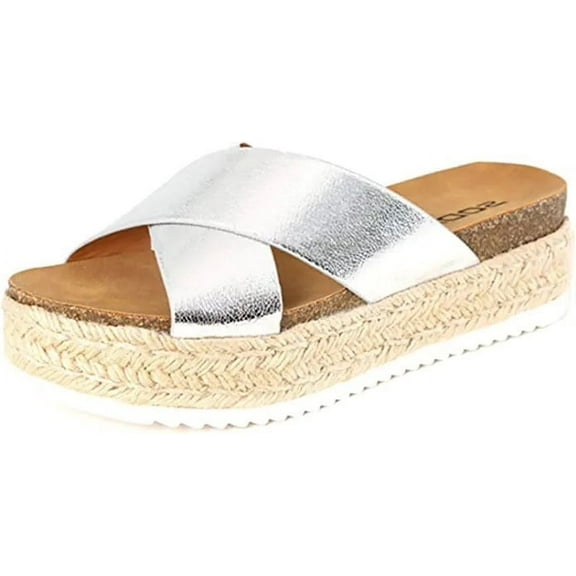 Soda Coky Silver Espadrille Open Toe Platform Flatform Wedge Mule Sandals Women (Silver, 6)