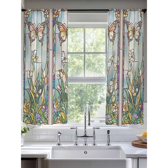 Butterfly Stained Glass Sheer Curtains for Living Room Bedroom Summer Butterflies Botanical Vintage Sheer Curtains 72 Inch Long 2 Panels Set Light Filtering Curtain Window Treatments Drapes