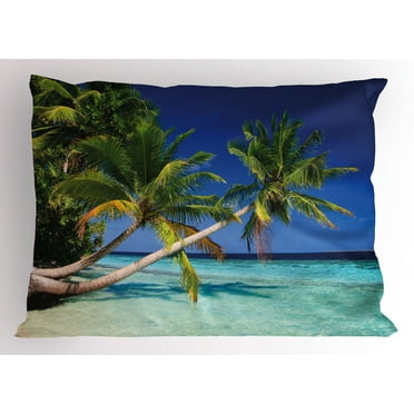 Ambesonne Tropical Pillow Sham, Exotic Maldives Beach, 26" X 20", Fern Green Turquoise