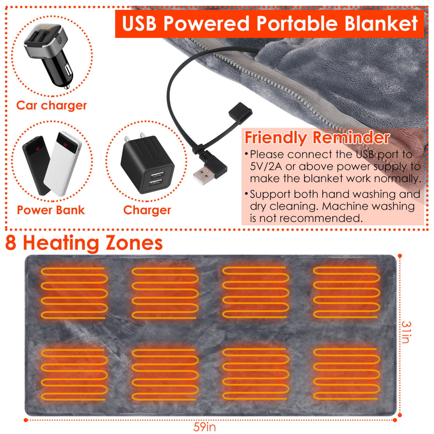 Wearable USB Heated Blanket Shawl, Portable Heated Blanket with 3 Gears 8 Heating Zones, Cordless Heated Throw Blanket for Travel, Bed, Office, Camping