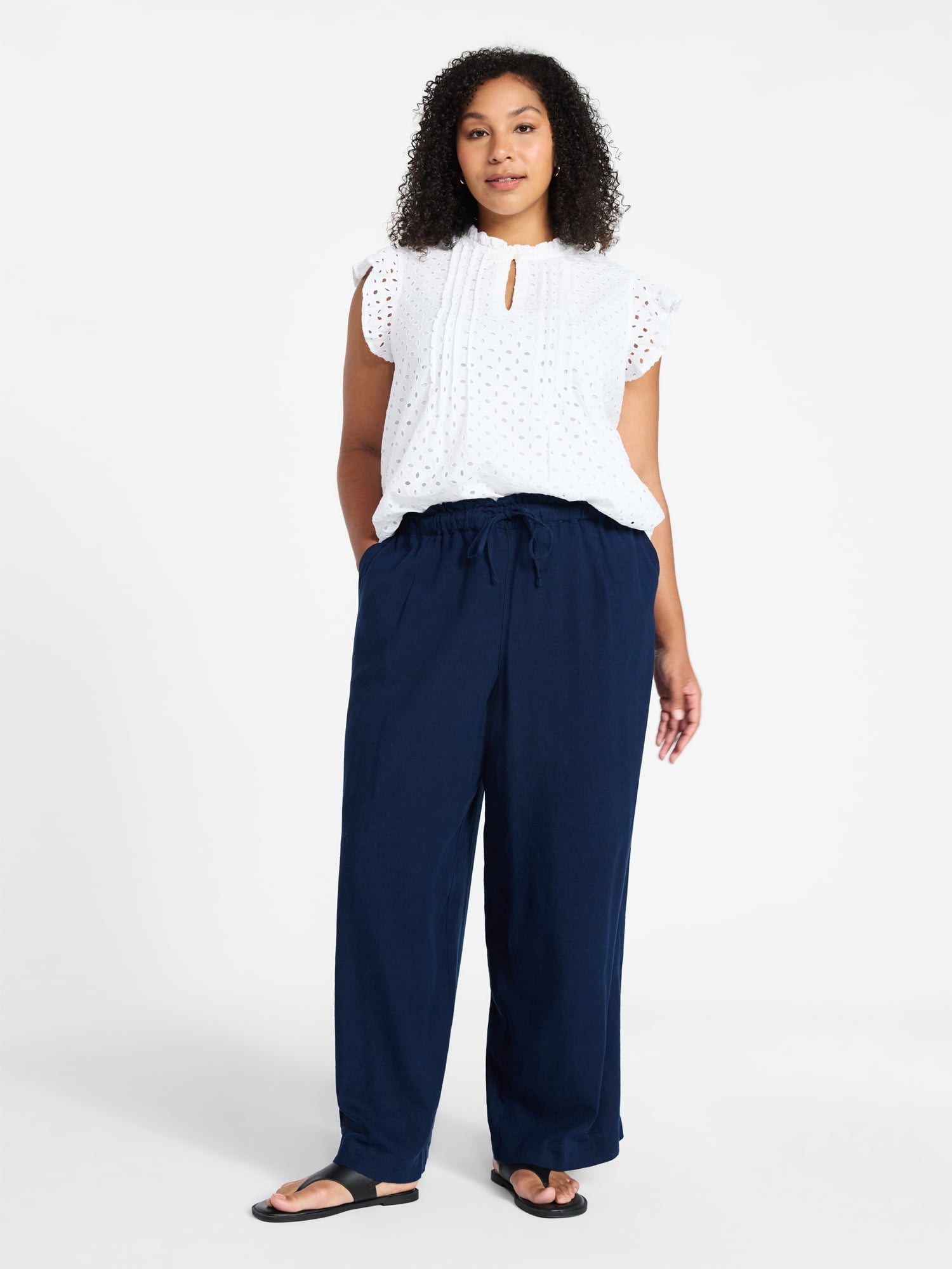 Time and Tru Women's Wide Leg Linen Blend Pants, Sizes XS-4X