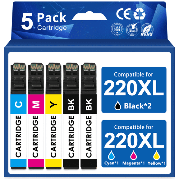 KIXUNY 220XL Ink Cartridge Compatible for Epson 220 Ink Cartridge for Printer Ink 220 for XP-420 Ink (2 Black,Cyan,Magenta,Yellow, 5 Pack)
