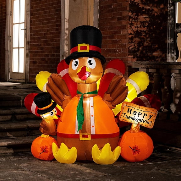 5ft Height Thanksgiving Inflatable LED Lighted Turkey with Pumpkins and Chick Blow up Outdoor Lawn Yard Decoration