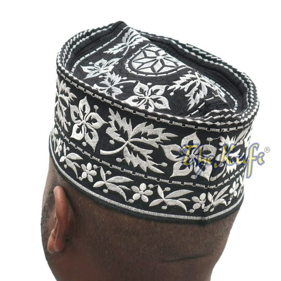 Silver Omani African Yemeni Embroidered Leaf Flower Design Muslim Kufi Hat (S-22"(56cm))