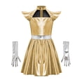 thumbnail image 3 of vastwit Kids Girls Alien Outfit Metallic Cap Sleeves Mock Neck Robot Mini Dress with Gloves 2Pcs Set Light Gold 8, 3 of 5
