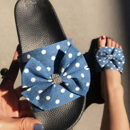 

Women s Summer Denim Polka Dot Shoes One-Word Butterfly Rhinestone Slippers