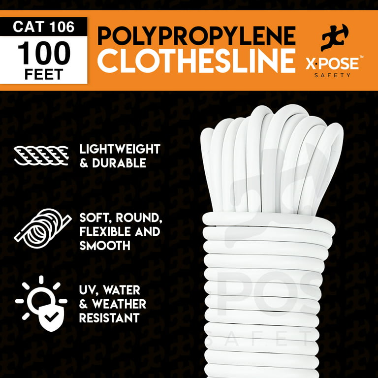 Plastic Clothesline - 100' Plastic Clothes Line - White Clothesline Outdoor  Weather Resistant - Synthetic Cord for Hanging and Drying Clothing & Laundry  - Plastic Rope Clothes Line String for Pulley 