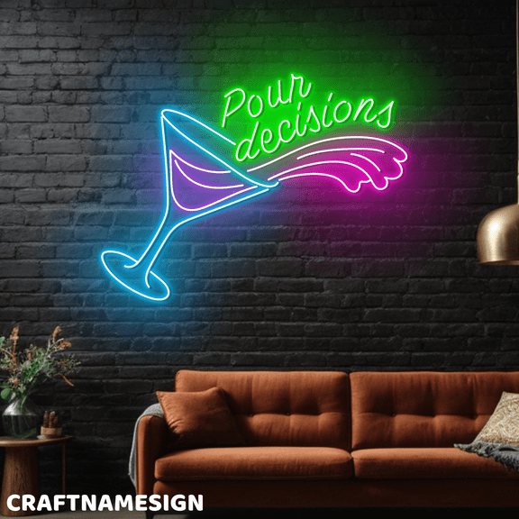 Craftnamesign Pour Decisions Neon Light, Wine Bar Cocktail Store LED Wall Decor