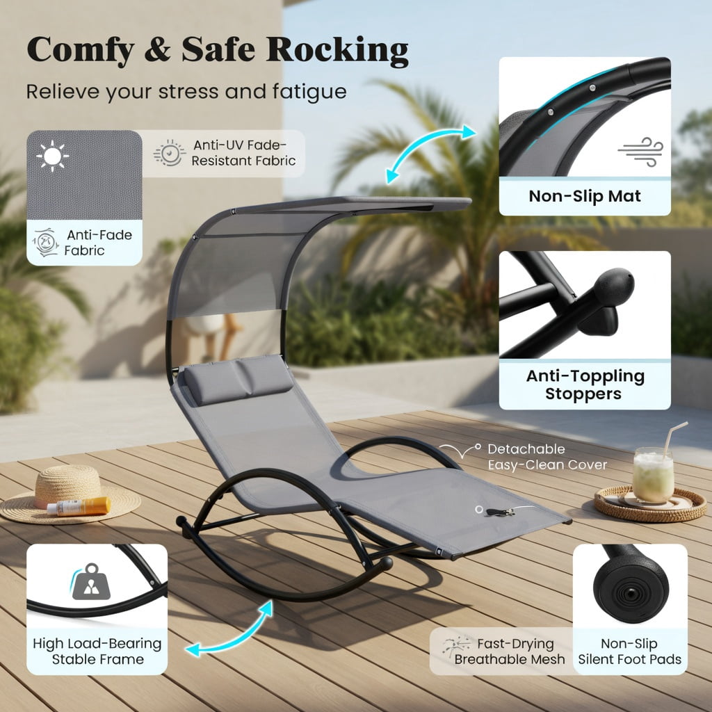 Hommoo 2-Person Outdoor Rocking Sunbed with Adjustable Canopy & Detachable Headrests, Metal Patio Lounger for Backyard, Poolside, Deck, Gray