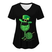 SOOMLON St Patricks Day Scrub Tops for Women Clover Print Nursing Scrubs with Pocket Casual Summer Short Sleeve V-Neck Holiday Blouse Black9 S