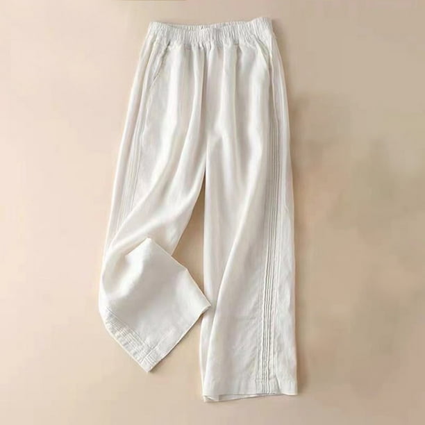 ICHUANYI Clearance Women's Solid Color Casual Pocket Elasticated Feeling Of Falling Cotton And Linen Straight Barrel Pants(White, M) ICHUANYI WER2023081402371