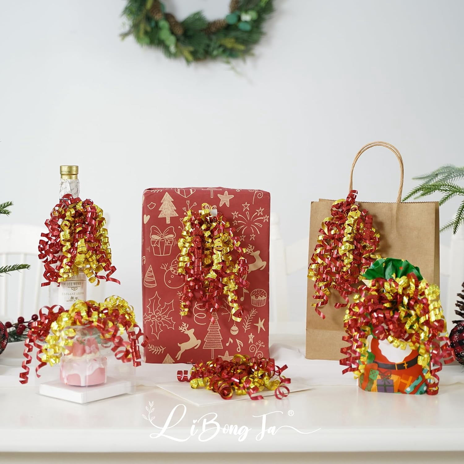 12 PCs Bows 5 Inch Gold and Red Bow Ornaments, Premade Self Adhesive Curly Ribbon Bow, Gift Wrap Accessory, Metallic Valentine Bows, Colorful Gift Bows for Presents, Wine Bottles, Baskets