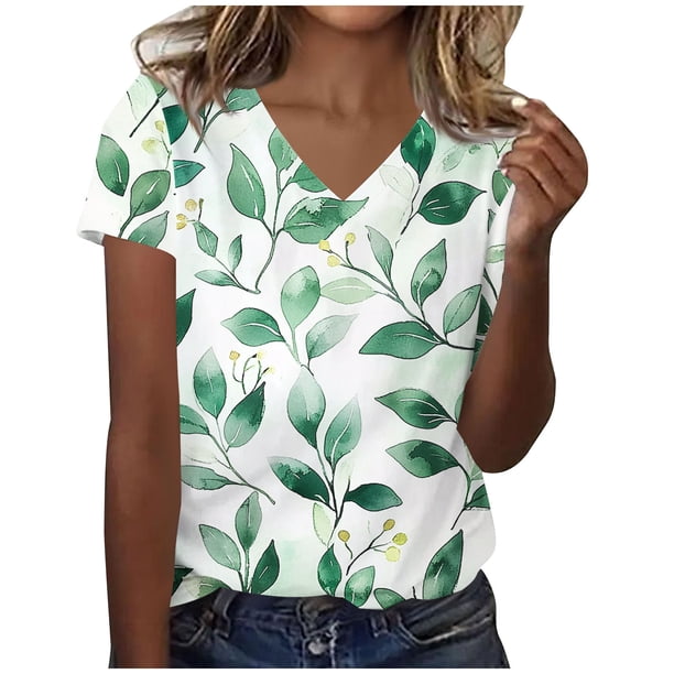Camisetas Casuales de las Mujeres Moda Cómoda Impresa de Manga Corta con Cuello en V Top para el Uso Diario Casual