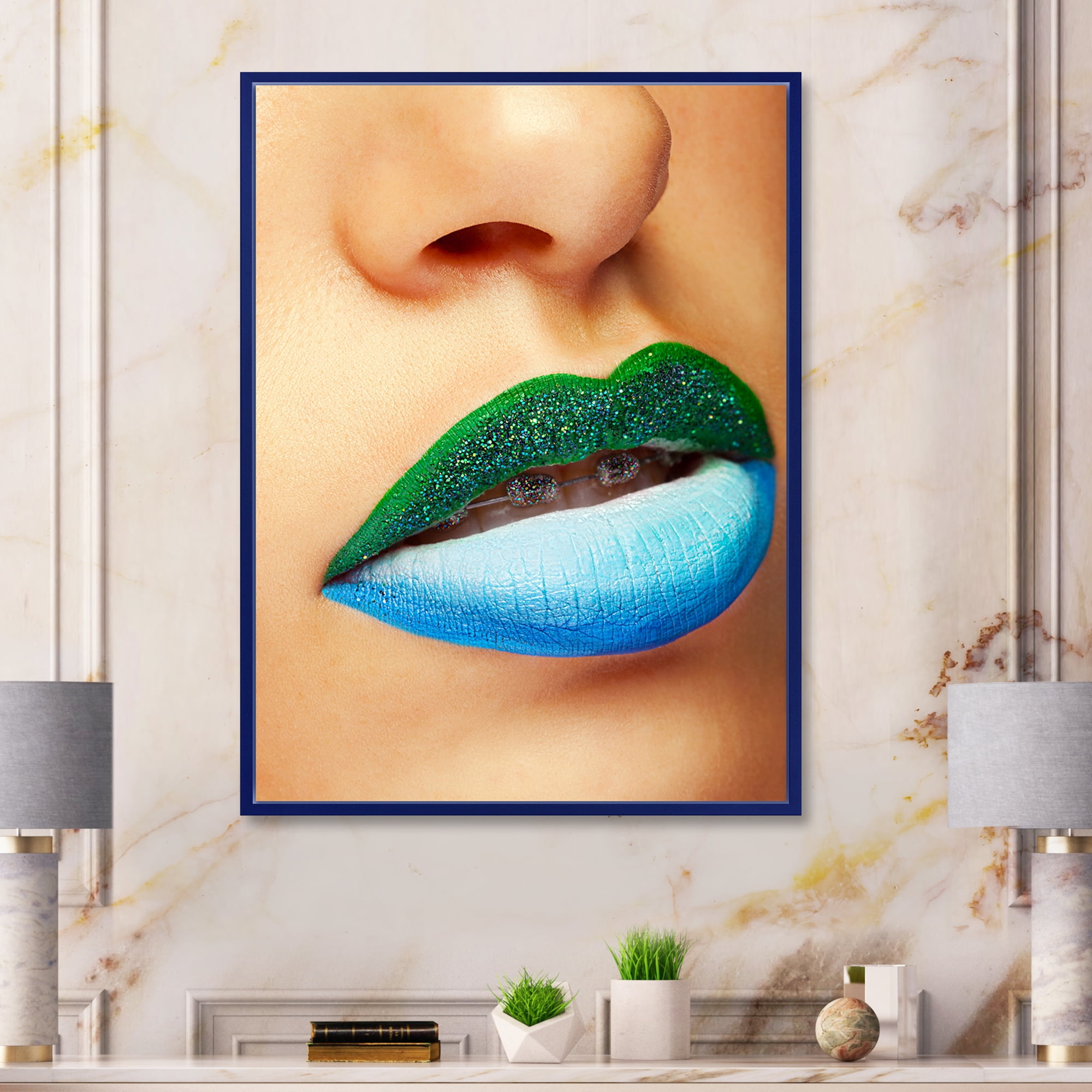 Designart 'Close Up Woman Lips With Fashion Make Up and Brackets' Modern Framed Canvas Wall Art Print