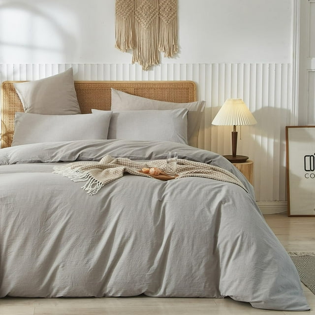 Washed Cotton Duvet Cover Set Linen Feel Natural Wrinkle Lightweight Comfy (King Linen)