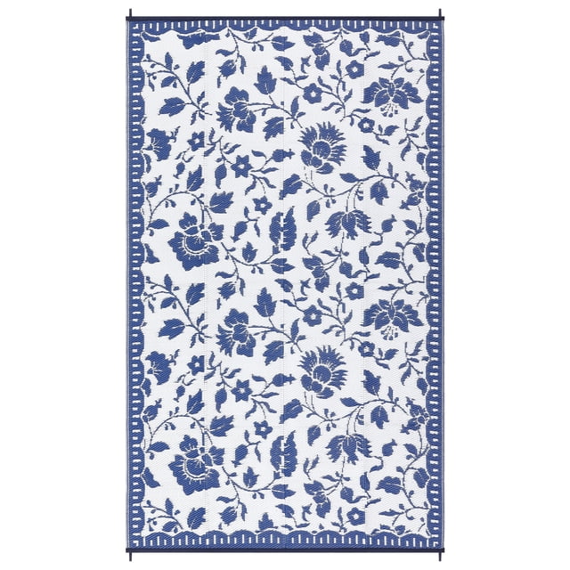 6x9FT Reversible Outdoor Rug – Waterproof Navy Blue & White Floral Plastic Straw Carpet – Lightweight Foldable Patio Mat with Portable Bag for RV, Beach, Deck & Camping