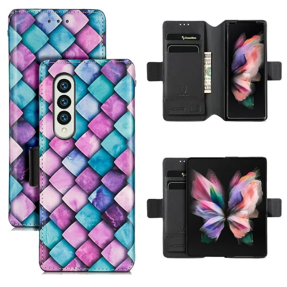 Petocase for Samsung Galaxy Z Fold 3 Case Magnetic Closure,Wallet Case with Card Slots Light Hard PC Leather Drop Protection Shockproof Cover,Purple