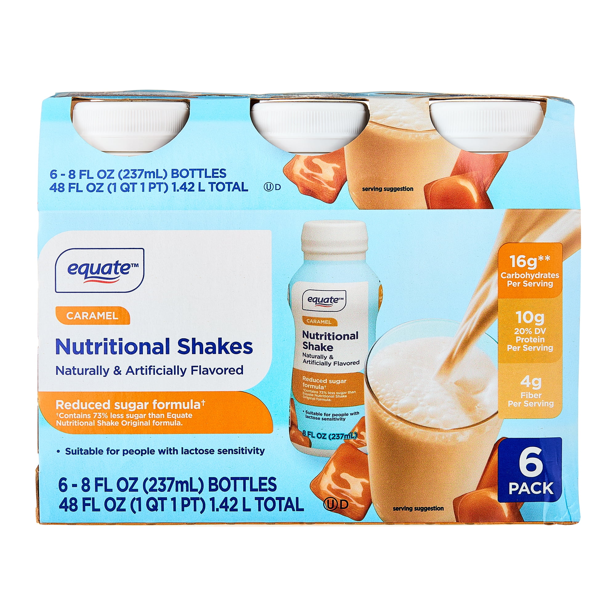 Equate Reduced Sugar Formula Nutritional Shakes, Caramel, 8 fl oz, 6 Count