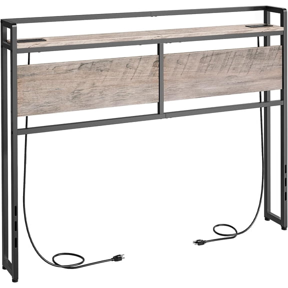 Full Size Headboard, Headboard with 2 Outlets and 4  Ports, Adjustable Height, Storage Rack, Sturdy and , Easy Assembly, Greige and Black