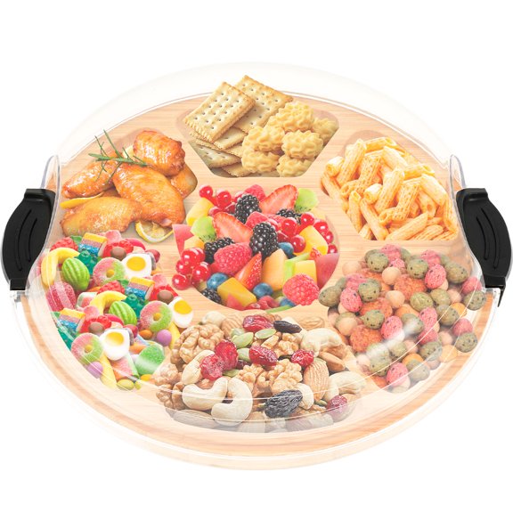 Charcuterie Board with Lid Handle Portable Cheese Board with 7 Compartments Bamboo Meat Fruit Serving Tray for Kitchen Picnic