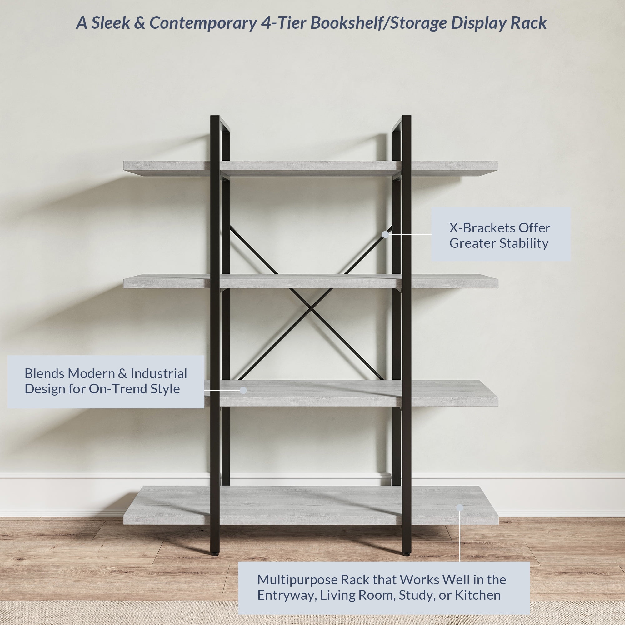 BELLEZE 4 Tier Modern Rustic Industrial Bookshelf - Hazel (Stone Grey)