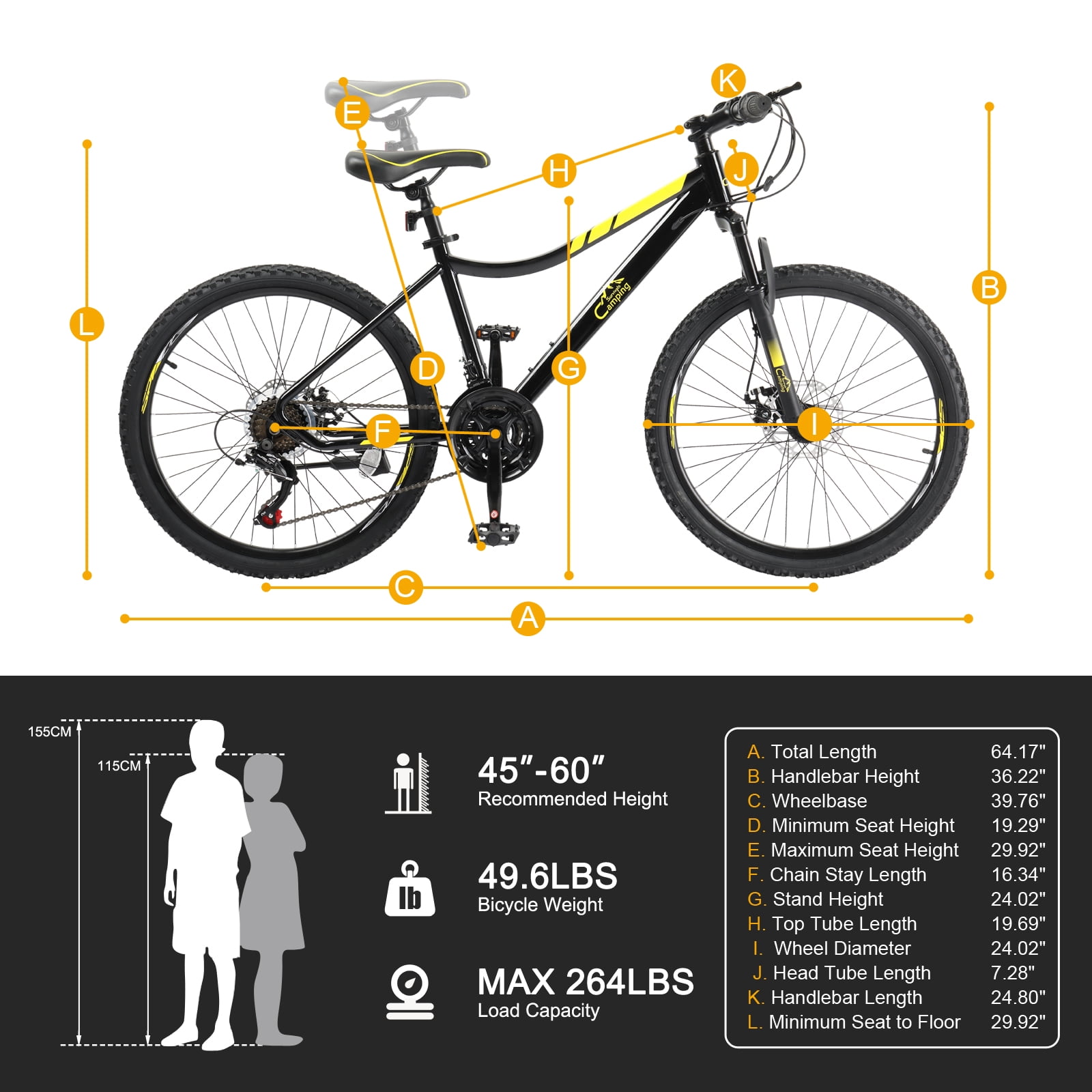 UBesGoo 24in Mountain Bike Shimano 21 Speed  with Disc Brake, Black Yellow