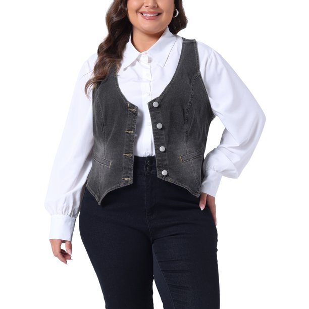 Chalecos de mezclilla para mujeres de tallas grandes Agnes Orinda, tops sin mangas, chaqueta casual de botón, 1X gris